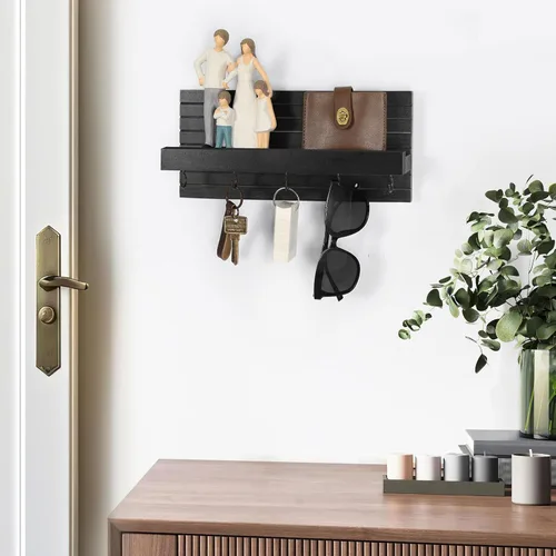 Miniatura 5 de Lwenki Soporte decorativo para llaves de pared con estante, estante de entrada con ganchos para correas, chaquetas y gafas, colgador de entrada