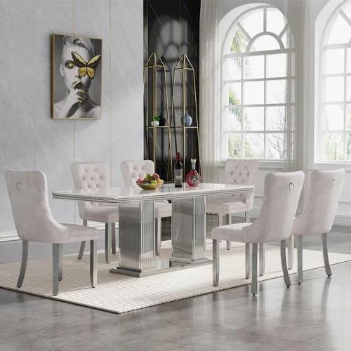 Miniatura 9 de HomVent Juego de mesa de comedor moderna de mármol sintético para 4 personas, mesa de cocina rectangular con 4 sillas beige (dorado)