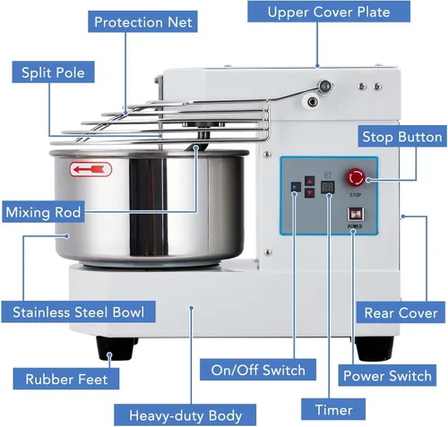 Miniatura 5 de Mezclador comercial de alimentos de 10.5 cuartos Máquina amasadora de masa de doble rotación de 650 W con temporizador de pantalla táctil Tazón