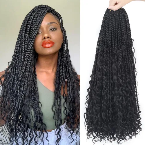 Miniatura 86 de Goddess Box Braids - Trenzas de cabello a ganchillo con extremos rizados, trenzas de caja bohemianas de 16 pulgadas, trenzas de ganchillo, 8 1B-4-30