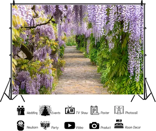 Miniatura 6 de Fondo de 5 x 3 pies para fotografía de camino de cirro morado, glicina violeta, vid morada, ceremonia de boda, aniversario, luna de miel
