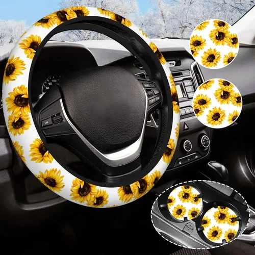 Miniatura 10 de Funda para volante de camuflaje verde para mujeres y hombres con 2 posavasos de automóvil, fundas universales de 14.5 a 15 pulgadas, accesorios