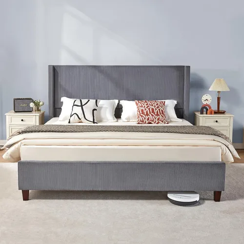 Miniatura 7 de VanAcc Base de cama de plataforma tamaño Queen, cama tapizada de pana de 50.8 pulgadas con cabecera capitonada de canal vertical, listones de Crema