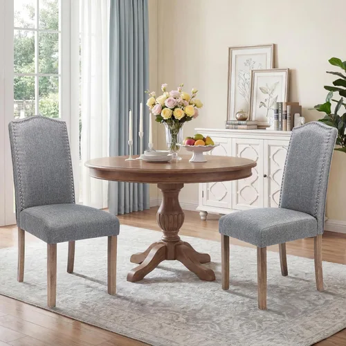 Miniatura 22 de Silla de comedor tapizada moderna y elegante Parsons con respaldo alto con ribete plateado de cabeza de clavo y patas de madera, juego de 2, tela