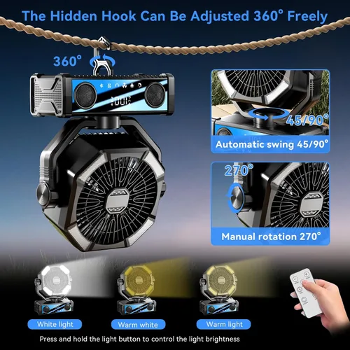 Miniatura 5 de Ventilador portátil recargable con altavoz Bluetooth 5.3, ventilador de campamento de 25000 mAh con control táctil de 5 velocidades y luz LED de 3