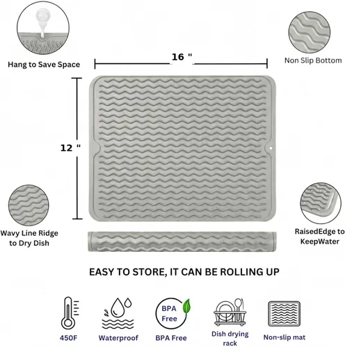 Miniatura 2 de Tapete de secado de silicona de 16 x 12 pulgadas, tapete antideslizante gris para encimera de cocina, almohadilla de platos resistente al calor