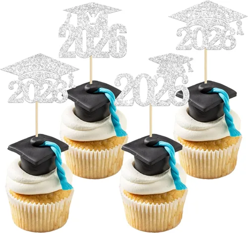 Miniatura 20 de Paquete de 24 adornos para cupcakes de clase 2026 con purpurina 2026 Felicidades Graduación Diploma Done Cupcake Picks 2026 Graduación Temática