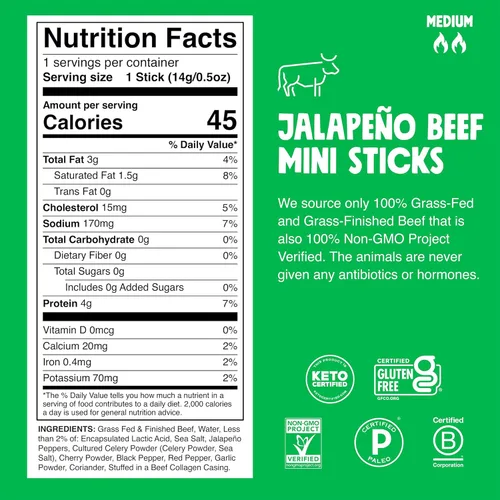Miniatura 2 de Chomps Palitos de Carne Seca de Res con Jalapeño de Ganado Alimentado con Pasto y Terminado Tamaño Snack 0.5oz Paquete de 24 - Keto, Paleo, Whole30