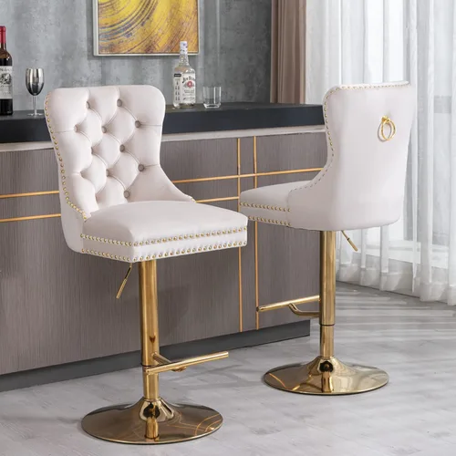 Miniatura 3 de Taburete de bar giratorio con respaldo copetudo, taburetes de bar ajustables en altura de mostrador, ribete de cabeza de clavo, silla de bar Beige +