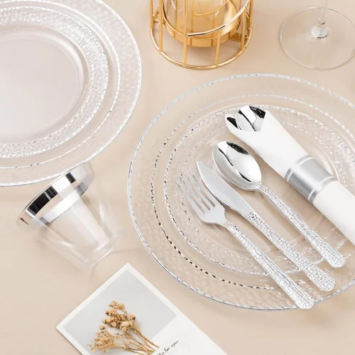 Miniatura 3 de Bestluck 350 piezas platos de plástico transparente con ribete plateado para 50 invitados, juego de vajilla desechable para fiestas y bodas, incluye