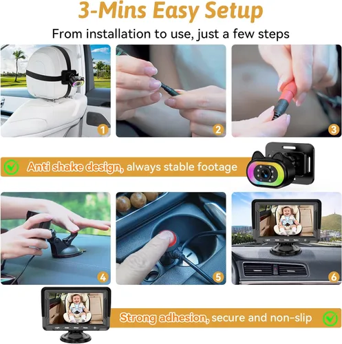 Miniatura 5 de Wkzay Cámara de Coche para Bebé para Asiento Trasero – HD 1080P, Ángulo Amplio de 150°, Visión Nocturna, Fácil Instalación, Luz LED Ajustable