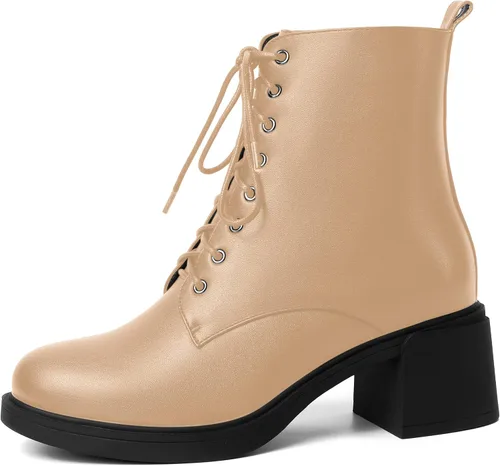 Miniatura 92 de ROSERWISH Botas altas de tacón bajo y grueso para mujer, con cordones, cómodas, modernas, con puntera redonda, de 2.5 pulgadas