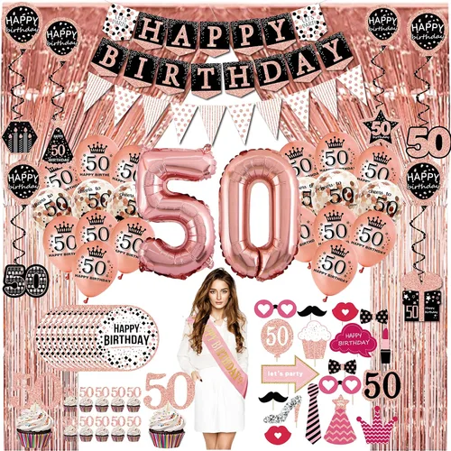 Decoraciones de cumpleaños número 50 para mujer – (paquete de 76) pancarta de fiesta de oro rosa, banderín, remolino colgante, globos de cumpleaños,