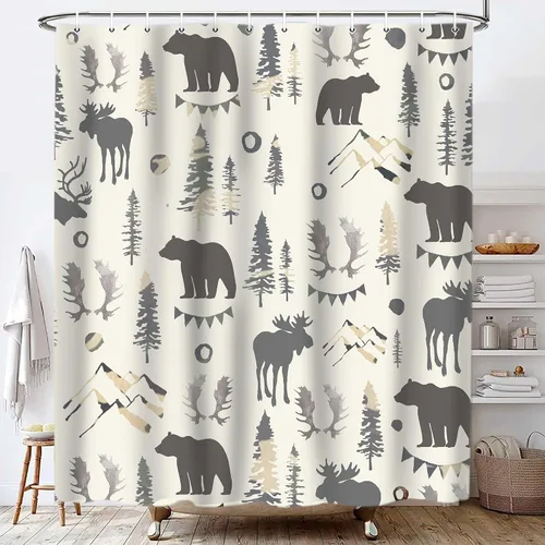Miniatura 9 de Cortina de ducha de oso de 72 x 72 pulgadas, decoración de baño de bosque de montaña con ciervos y pinos, juego de tela impermeable con temática