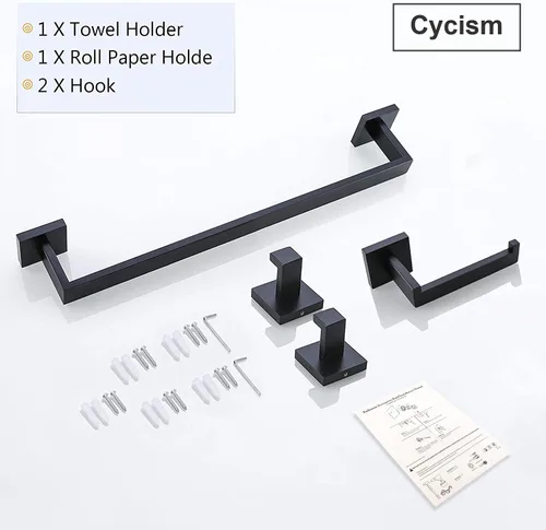 Miniatura 8 de Juego de accesorios de baño, barra de toalla negra mate, estilo cuadrado montado en la pared SUS304 juego de accesorios de acero inoxidable