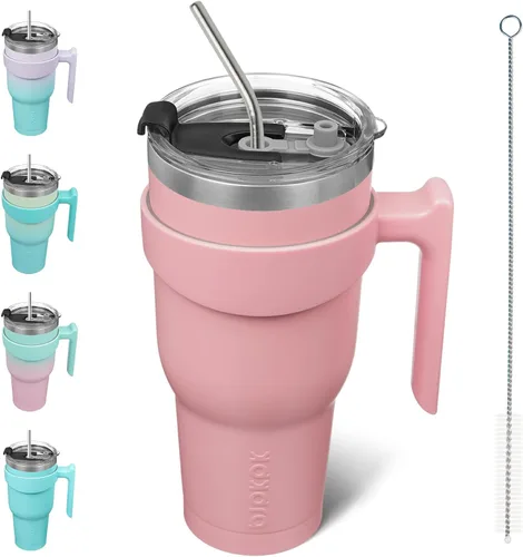 Miniatura 85 de BJPKPK Vaso con asa de acero inoxidable de 20 onzas, con aislamiento de doble pared, con tapa y pajita, color rosa claro A-rosa claro