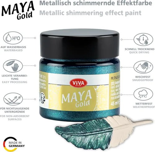 Miniatura 3 de Viva Decor Maya Gold (Petrol) 1.52 onzas líquidas - Pintura acrílica metálica brillante para trabajos creativos en madera, vidrio y porcelana.