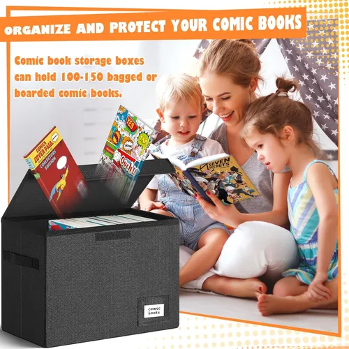 Miniatura 3 de Leffis Caja de Almacenamiento para Cómics, Caja 39.4 cm X 19.1 cm X 28.7 cm, Caja Corta Plegable con Tapas para 150 Cómics, Contenedor de Cómics