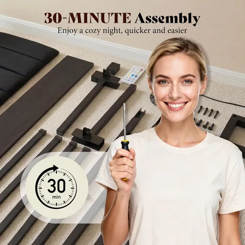 Miniatura 6 de AMERLIFE Base de cama individual con luz LED y 2 cajones de almacenamiento, plataforma de metal con cabecera de almacenamiento, tapizada