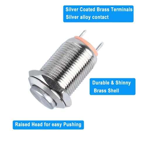 Miniatura 4 de Paquete de 2 interruptores de botón de cierre de metal impermeable de 12 mm con cabeza elevada, terminales de enchufe, orificio de montaje de 1/2
