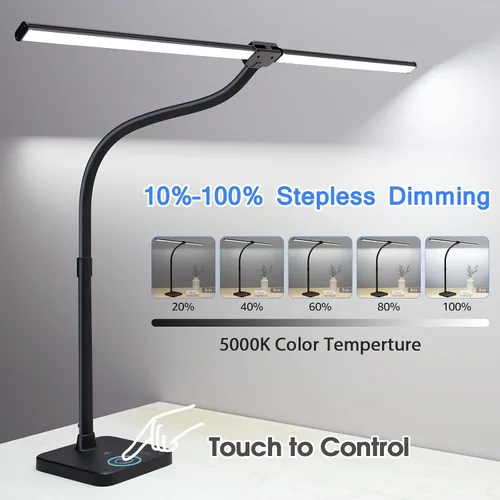 Miniatura 4 de ShineTech Lámpara de escritorio LED para oficina en casa, luz de escritorio de doble cabezal de 24 W con carga inalámbrica, puerto USB, 25 modos