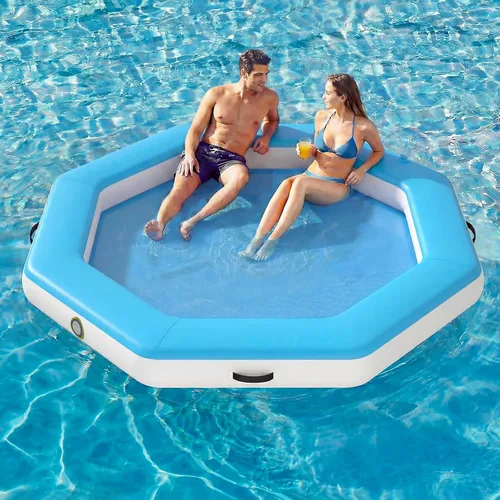 Miniatura 10 de 6-12FT Round Inflatable Floating Dock, Sunchill Float Ring, Water Hammock Tanning Pool Floats with Woven Fabric, Manual Pump for Quick Azul