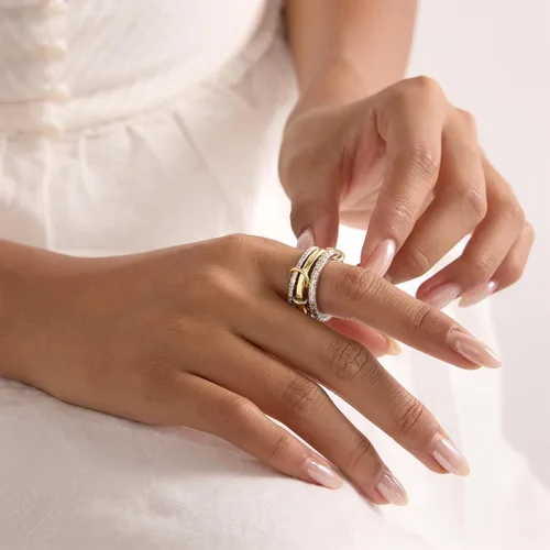 Miniatura 6 de Anillos apilables para mujer, chapados en oro de 18 quilates, juego de 3 anillos con circonita cúbica, juego de anillos plateados y dorados
