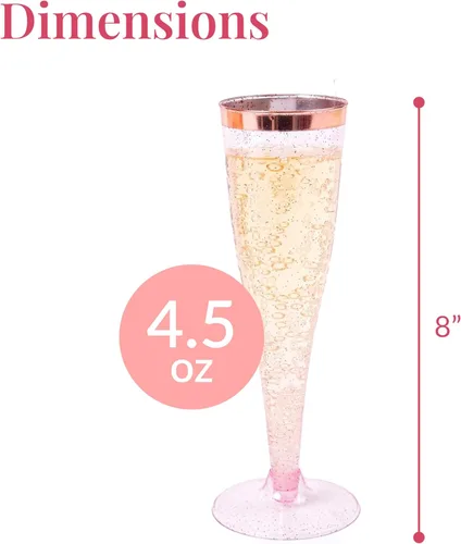 Miniatura 3 de Prestee Juego de 24 copas de champán de plástico desechables - copas de champán rosa con purpurina plateada con borde de oro rosa, elegantes copas