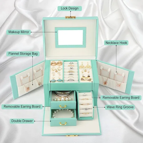 Miniatura 2 de Joyero multifunción con espejo 2 cajones y cerradura organizador de almacenamiento de piel sintética para pulseras aretes anillos collares relojes