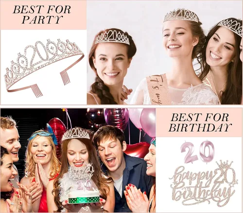 Miniatura 6 de Decoraciones de cumpleaños número 20 para mujer, banda y corona de cumpleaños, decoración de pastel y velas, globos de números, regalos de 20