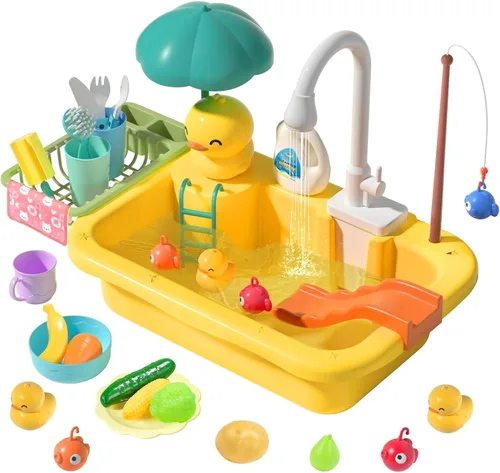 Miniatura 10 de CUTE STONE - Juguetes de fregadero de cocina con cambio de color, lavavajillas eléctrico para niños con agua corriente, grifo real actualizado y Rosa