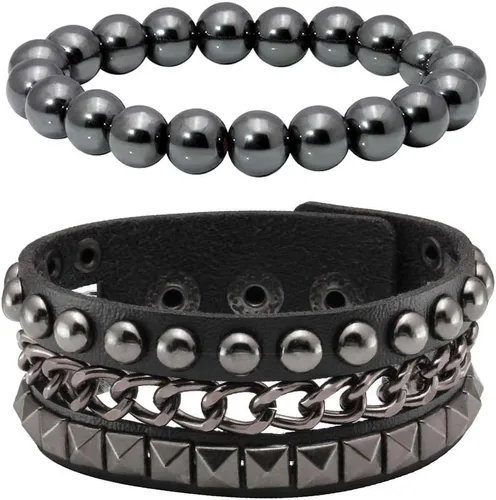 Eigso Pulseras de cuero punk para hombres y mujeres, pulsera de cadena con tachuelas para hombre y mujer, Cuero, No es una piedra preciosa