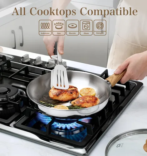 Miniatura 3 de KOCH SYSTEME CS Juego de sartenes de acero inoxidable con tapa, sartenes de acero inoxidable de 8" y 10" y 12" con mango resistente al calor, juego