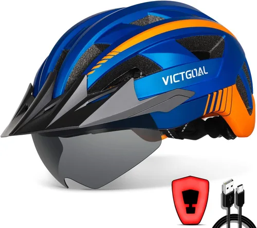Miniatura 16 de VICTGOAL Casco de bicicleta con luz trasera recargable por USB, gafas magnéticas desmontables, visera solar extraíble, cascos de bicicleta