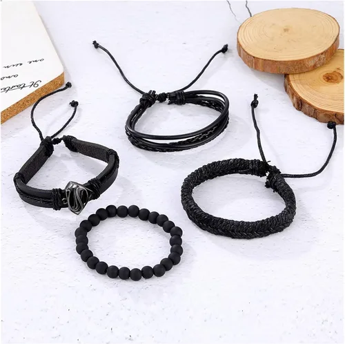 Miniatura 4 de Pulsera de cuentas vintage para hombre, pulsera de cuero triángulo hueco de moda, pulsera multicapa ancha envuelta para hombres