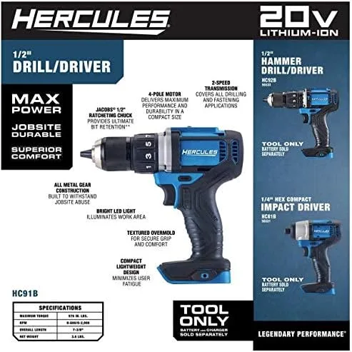 Miniatura 3 de HERCULES Taladro/destornillador compacto inalámbrico de litio de 20 V de 1/2 pulgadas, solo herramienta