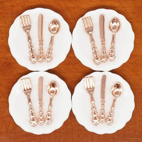Miniatura 10 de Odoria 1/12 Platos en miniatura y cubiertos Cuchillo Tenedor Cuchara Juego de accesorios para casa de muñecas, plata plateado