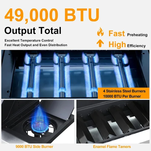 Miniatura 7 de Parrilla de gas propano de salida de 39000 BTU con quemador lateral y 3 quemadores principales, tapa de acero inoxidable de doble capa, rejillas