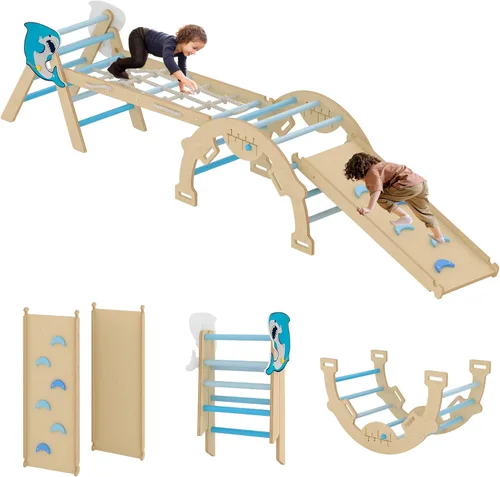 Miniatura 3 de Juguetes de escalada 4 en 1 para niños pequeños con rampa, arco y escalera, juego de triángulos Pikler con construcción de madera, juego de escalada