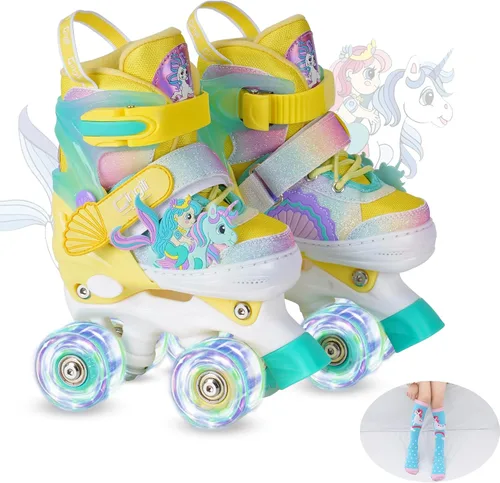 Miniatura 9 de Patines de ruedas para niñas de 3 a 12 años, patines ajustables con luz para niños pequeños, principiantes, unicornio, sirena, arco iris, regalo