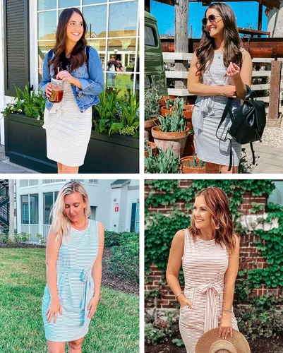 Miniatura 5 de MEROKEETY - Vestido camisero de verano sin mangas y a rayas para mujer mini vestido casual con cuello redondo y lazo en la cintura