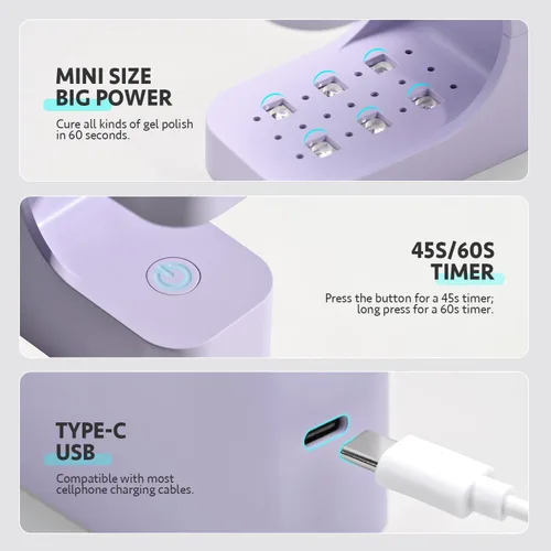 Miniatura 4 de GAOY Mini Luz UV para Uñas de Gel, Pequeña Luz de Curación con 2 Temporizadores, Lámpara de Uñas LED en Forma de U para Curación Rápida, Púrpura
