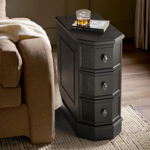 Miniatura 3 de Mesita de noche con estación de carga, mesa auxiliar de madera vintage con 3 cajones, mesa auxiliar estrecha Victoria, mesitas de noche delgadas