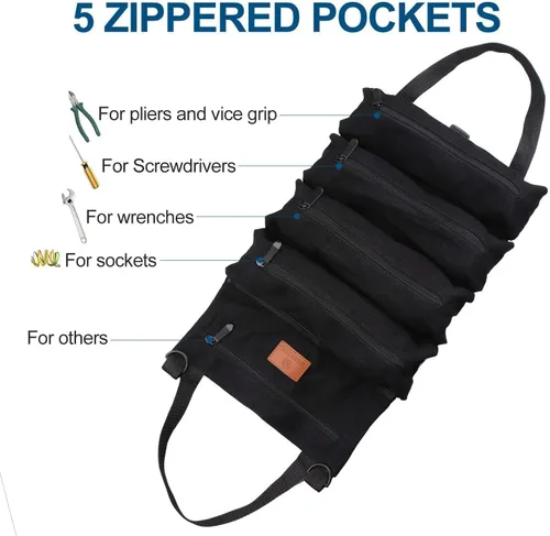 Miniatura 9 de Bolsa de herramientas enrollable Wessleco, bolsa de llaves de lona de 16OZ enrollable multiusos, organizador de herramientas enrollables, 5 Negro