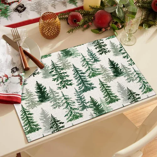 Miniatura 5 de Juego de 4 manteles individuales de Navidad de 12 x 18 pulgadas, con diseño de árboles de pino verde con la frase "Merry Christmas", resistentes al