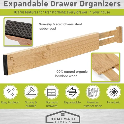 Miniatura 5 de Organizador de cajones de bambú ajustable y expandible - Separadores de cajones ideales para cocina, tocador, dormitorio y baño - Organizador