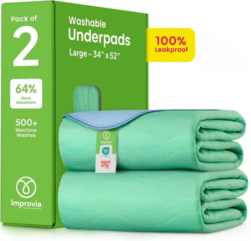 IMPROVIA® Almohadillas lavables, 34 x 52 pulgadas (paquete de 2) - Almohadillas reutilizables para incontinencia de alta absorción para niños, Verde