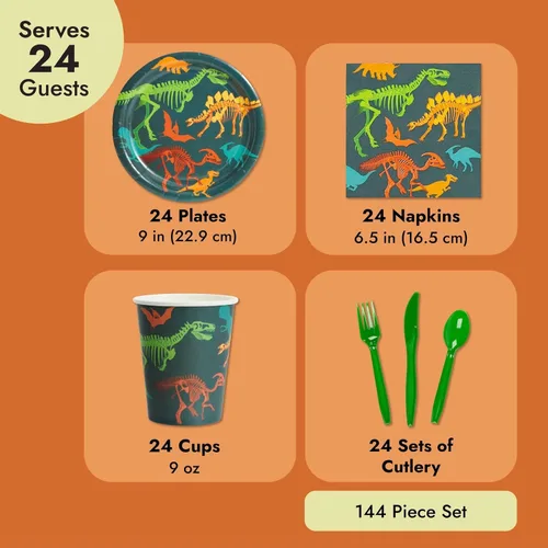Miniatura 4 de Juvale Juego de 144 piezas de decoración de fiesta de cumpleaños de dinosaurio con platos, vasos, servilletas y cubiertos, sirve 24 platos y tazas