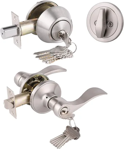 Miniatura 11 de Gobrico Keyd Alike - Manija de puerta de entrada y cerrojo de un solo cilindro en níquel satinado, palanca estilo onda con cerradura y cerrojo