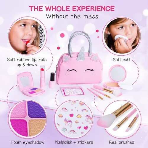 Miniatura 4 de Kit de maquillaje de simulación para niñas pequeñas con bolso de unicornio: juego de juguetes de maquillaje falso (no real) para niños pequeños